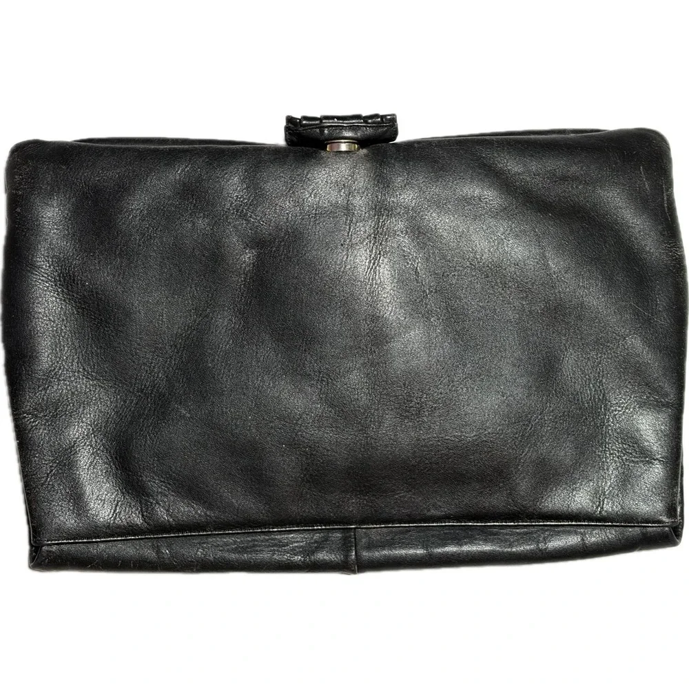 Vtg 80s Black Leather Clutch Bag Oversized Evening Purse Magnetic Snap‎ DMGD